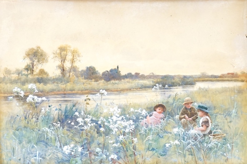 Hector Caffieri RI, RBA (1847-1932) Children at a riverside, signed, watercolour heightened with white, 25 x 38cm, housed in a gilt frame